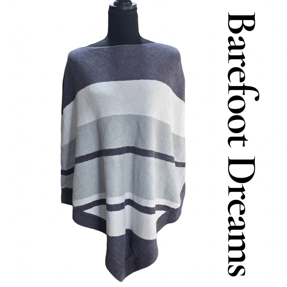 Barefoot Dreams Poncho Women OS Grey Nylon Viscose Striped CozyChic Ultra Lite